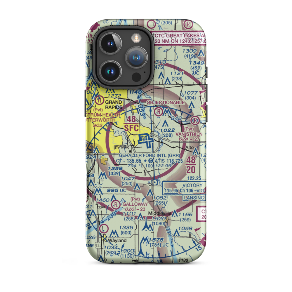 Gerald R. Ford International Airport (GRR) VFR Sectional  Tough iPhone Case iPhone 16 Pro Max model shown