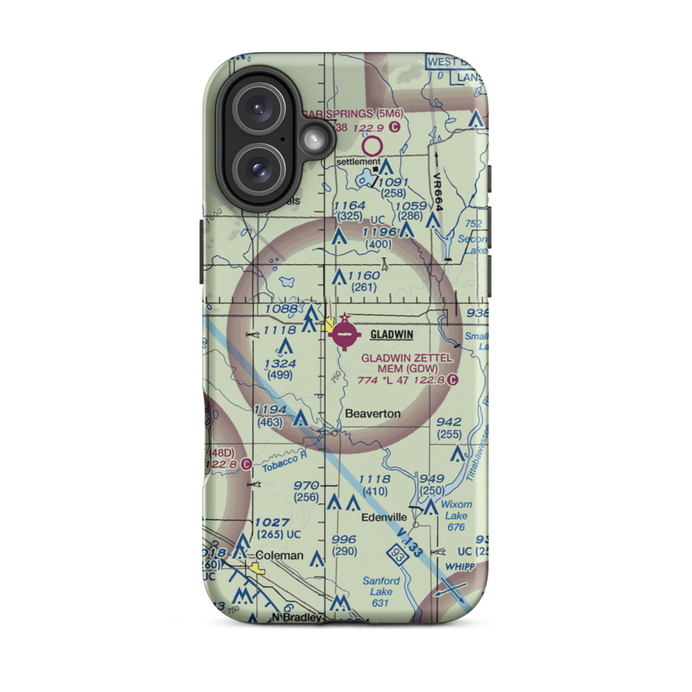 Gladwin Zettel Memorial Airport (GDW) VFR Sectional  Tough iPhone Case iPhone 16 Plus model shown