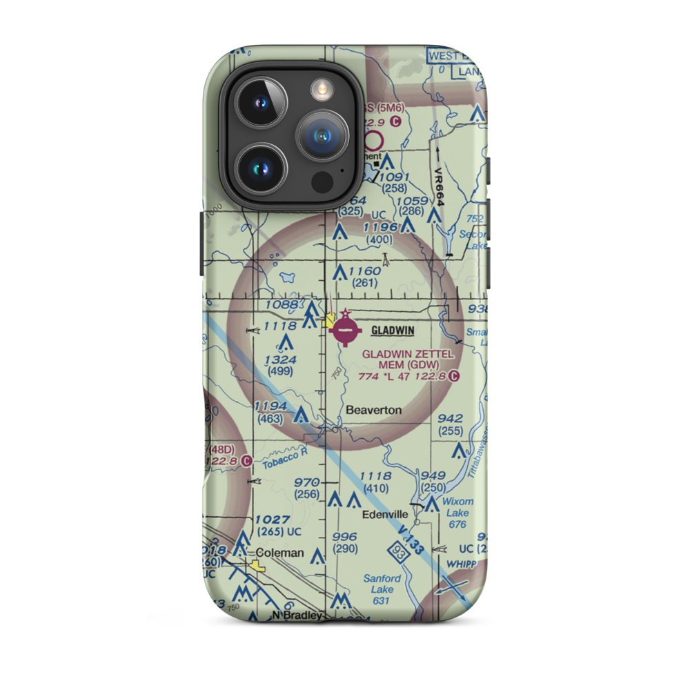 Gladwin Zettel Memorial Airport (GDW) VFR Sectional  Tough iPhone Case iPhone 16 Pro Max model shown