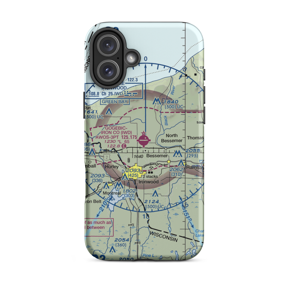 Gogebic Iron County Airport (IWD) VFR Sectional  Tough iPhone Case iPhone 16 Plus model shown