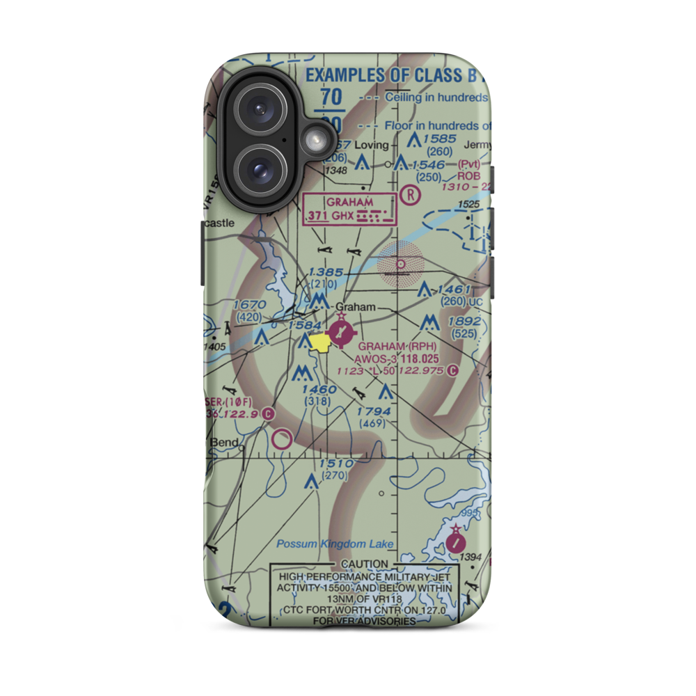 Graham Municipal Airport (RPH) VFR Sectional  Tough iPhone Case iPhone 16 Plus model shown