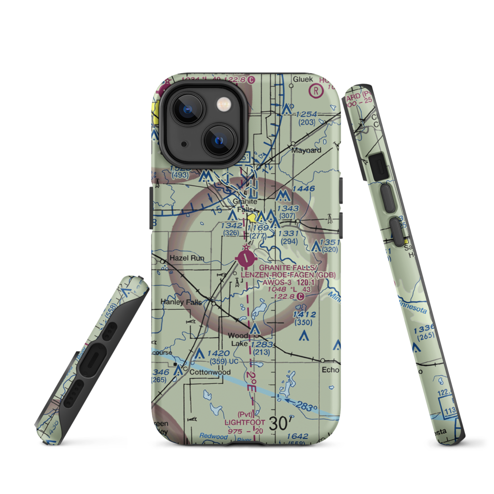 Granite Falls Municipal-Lenzen-Roe Memorial Field (GDB) VFR Sectional  Tough iPhone Case iPhone 14 model shown