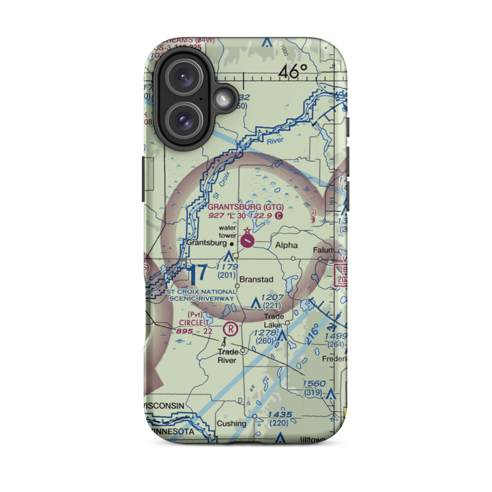 Grantsburg Municipal Airport (GTG) VFR Sectional  Tough iPhone Case iPhone 16 Plus model shown