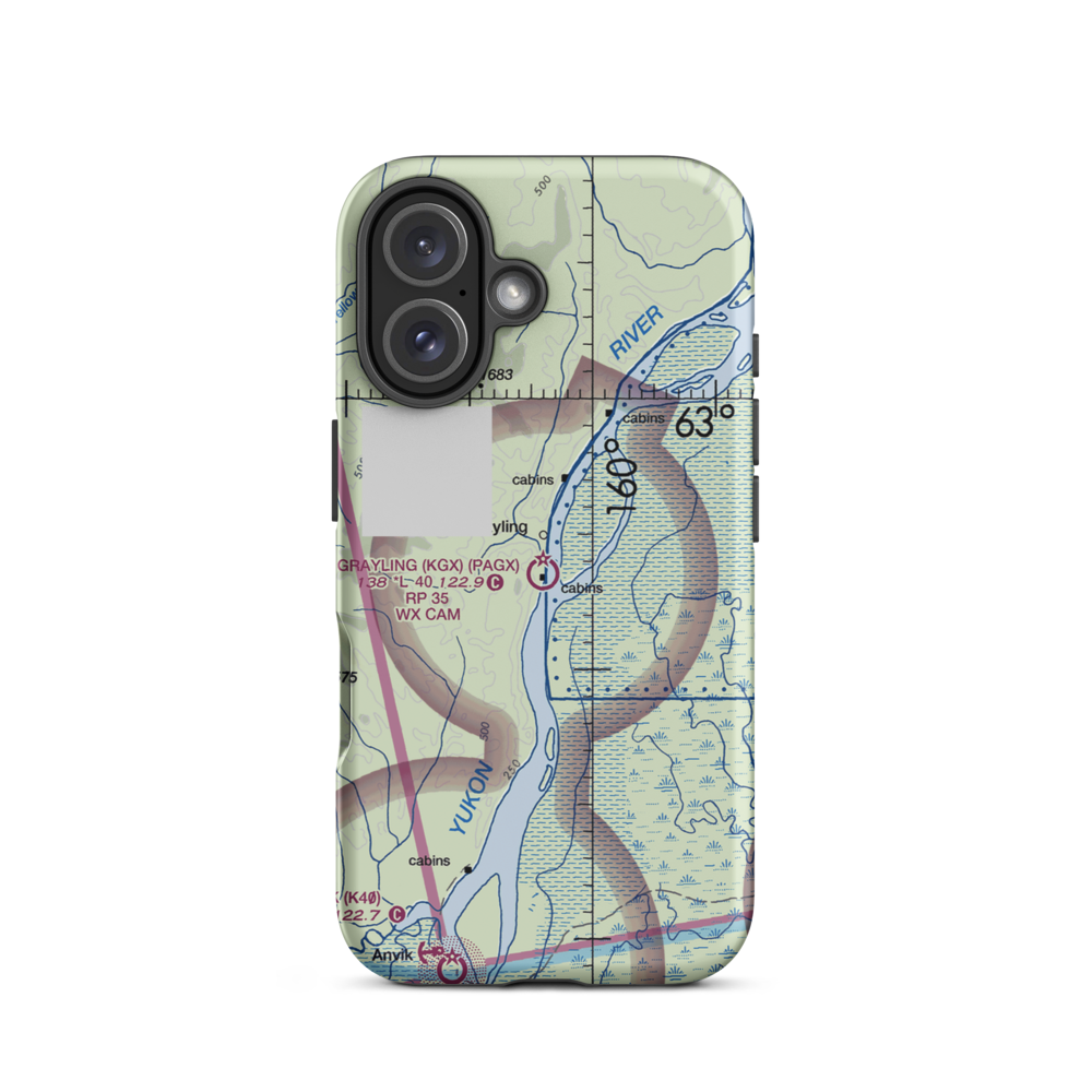 Grayling Airport (KGX) VFR Sectional  Tough iPhone Case iPhone 16 model shown