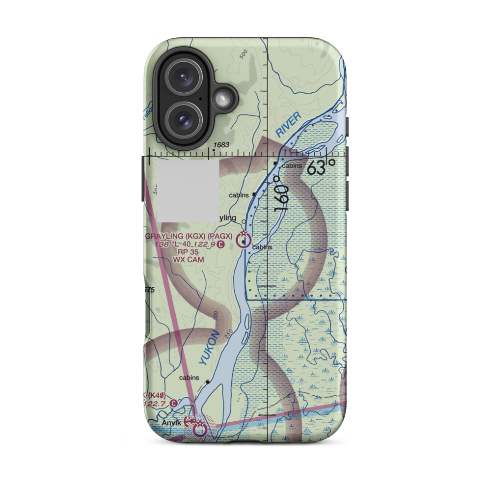 Grayling Airport (KGX) VFR Sectional  Tough iPhone Case iPhone 16 Plus model shown