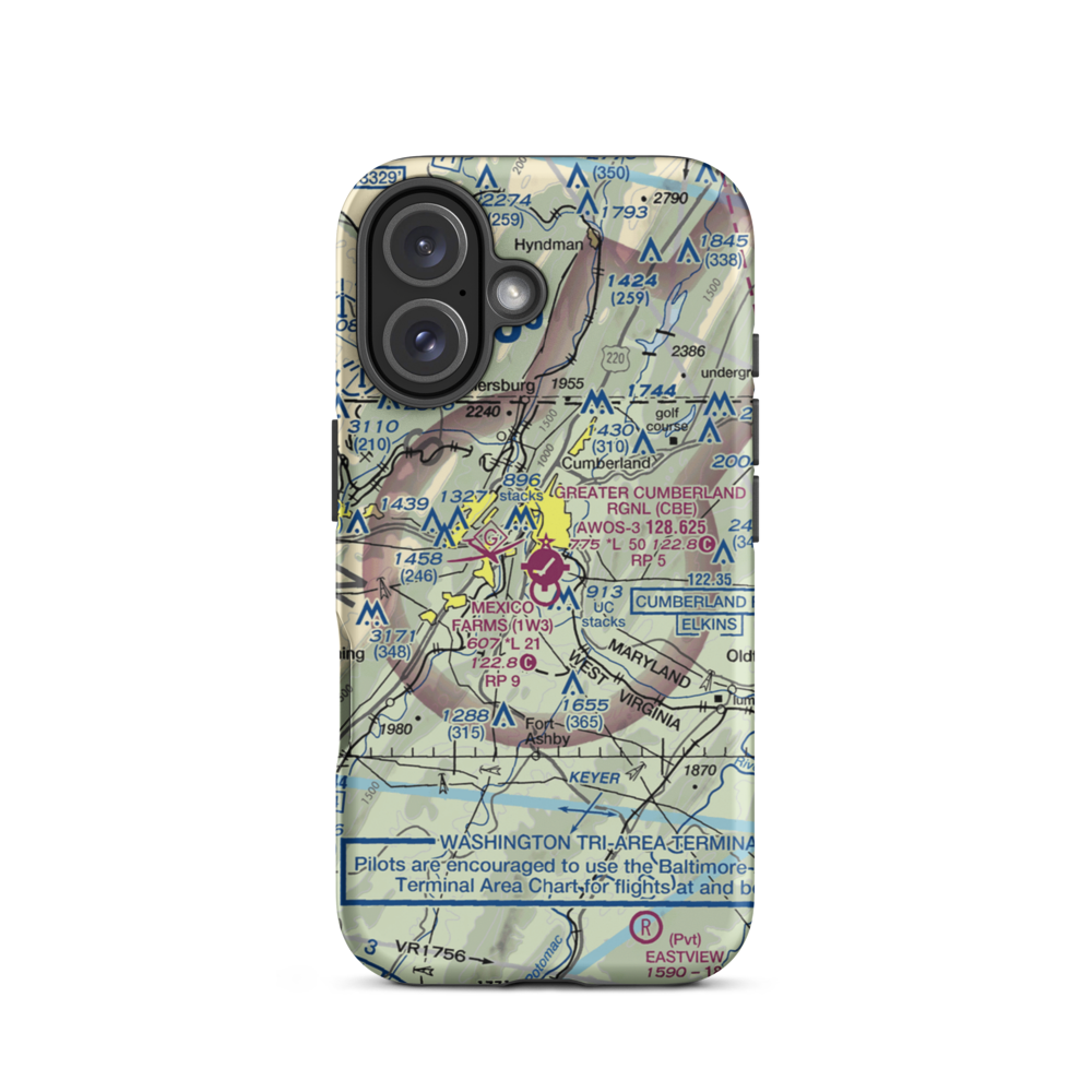 Greater Cumberland Regional Airport (CBE) VFR Sectional  Tough iPhone Case iPhone 16 model shown