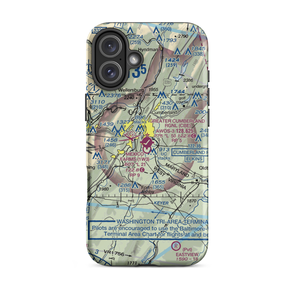 Greater Cumberland Regional Airport (CBE) VFR Sectional  Tough iPhone Case iPhone 16 Plus model shown