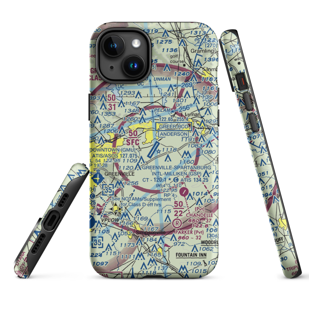 Greenville Spartanburg International Airport (GSP) VFR Sectional  Tough iPhone Case iPhone 15 Plus model shown