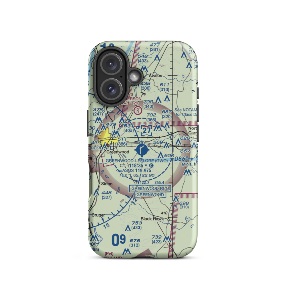 Greenwood–Leflore Airport (GWO) VFR Sectional  Tough iPhone Case iPhone 16 model shown