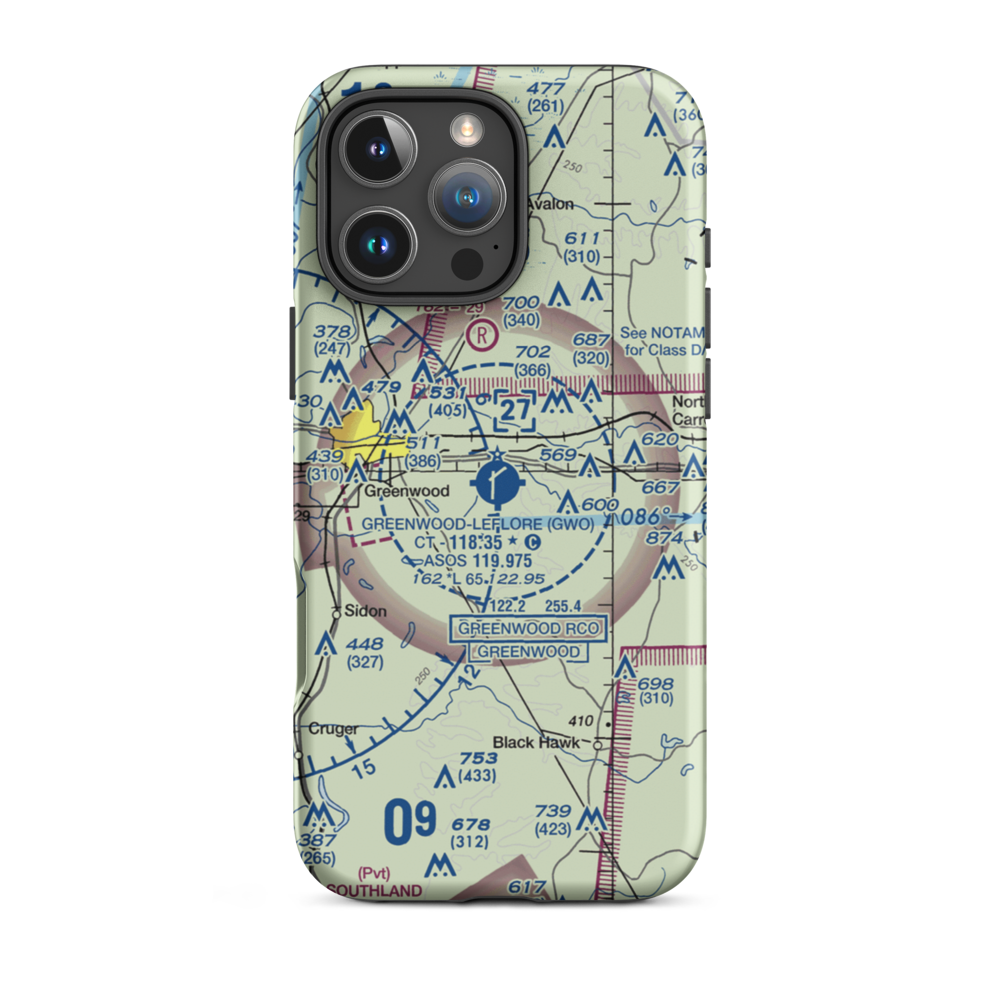 Greenwood–Leflore Airport (GWO) VFR Sectional  Tough iPhone Case iPhone 16 Pro Max model shown