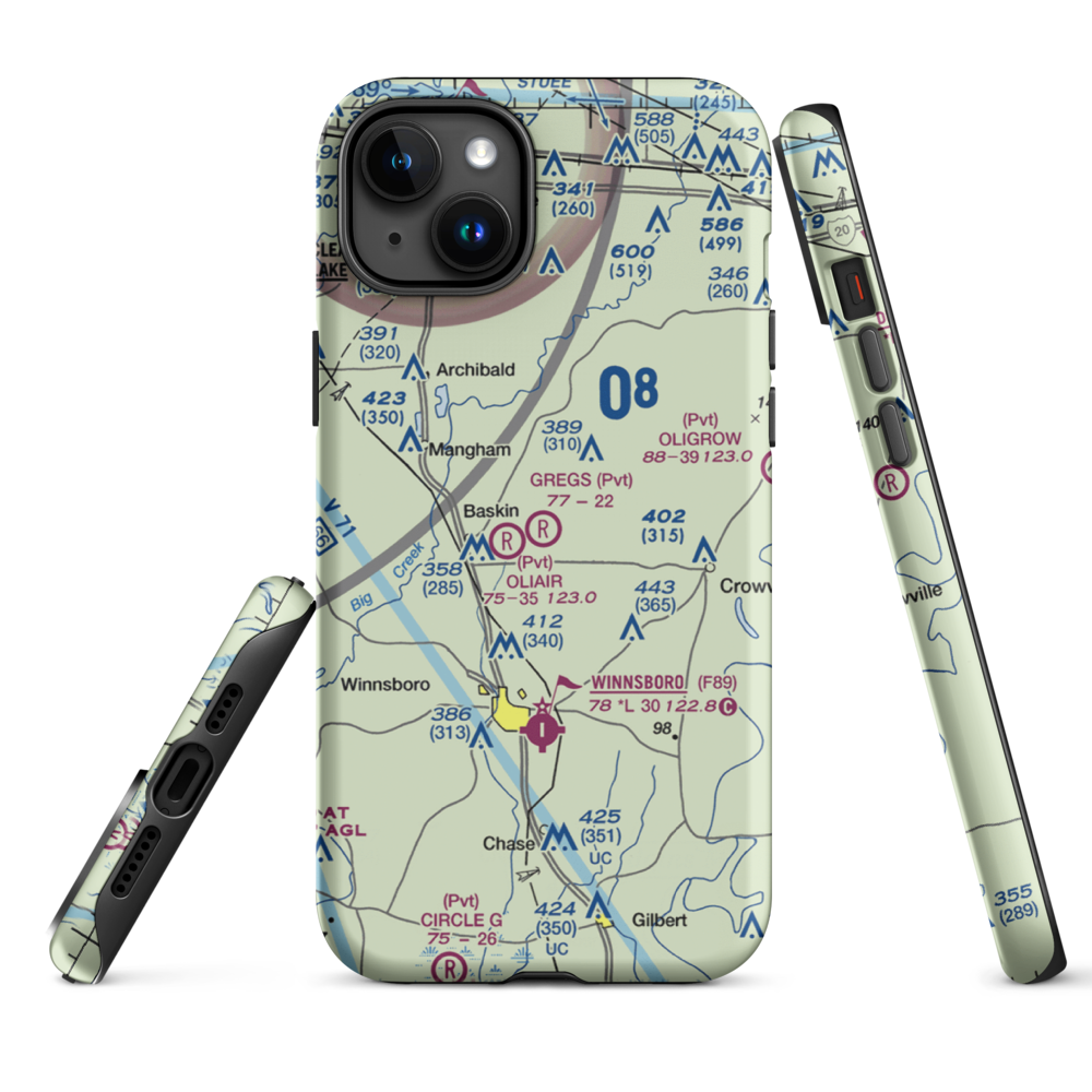 Greg's Flying Service Airport (05LA) VFR Sectional  Tough iPhone Case iPhone 15 Plus model shown