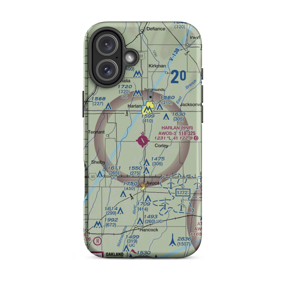 Harlan Municipal Airport (HNR) VFR Sectional  Tough iPhone Case iPhone 16 Plus model shown