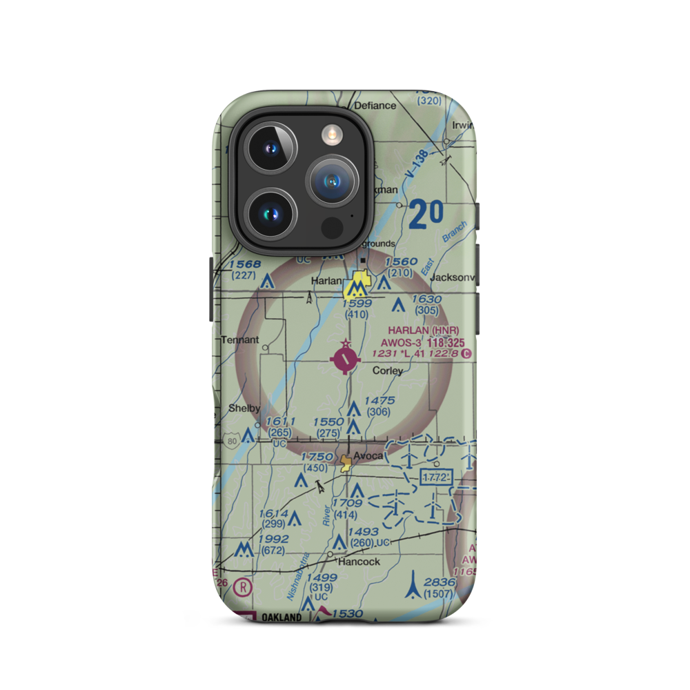 Harlan Municipal Airport (HNR) VFR Sectional  Tough iPhone Case iPhone 16 Pro model shown