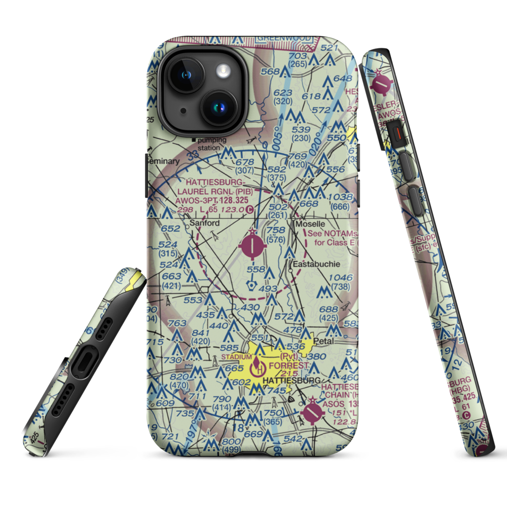 Hattiesburg Laurel Regional Airport (PIB) VFR Sectional  Tough iPhone Case iPhone 15 Plus model shown