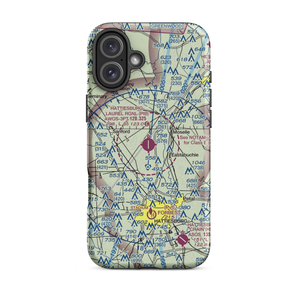 Hattiesburg Laurel Regional Airport (PIB) VFR Sectional  Tough iPhone Case iPhone 16 Plus model shown