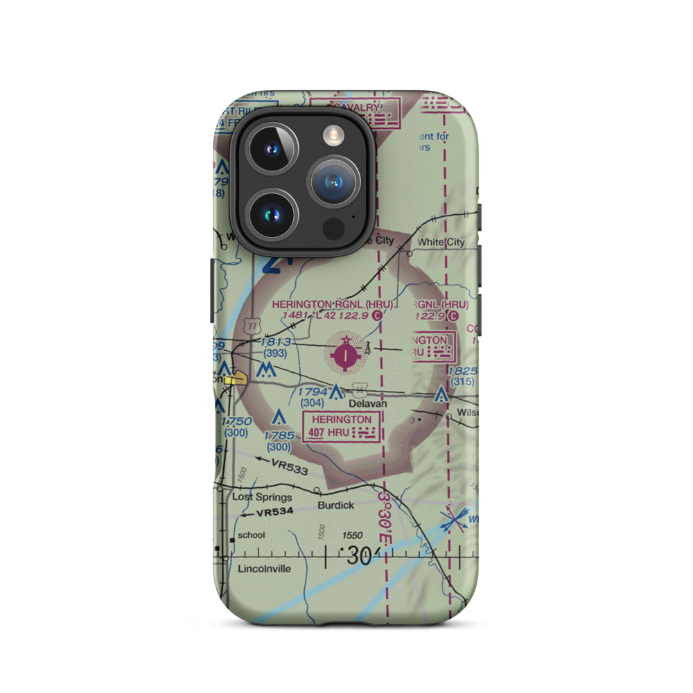 Herington Regional Airport (HRU) VFR Sectional  Tough iPhone Case iPhone 16 Pro model shown