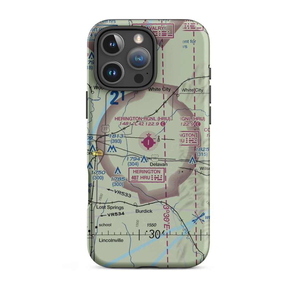 Herington Regional Airport (HRU) VFR Sectional  Tough iPhone Case iPhone 16 Pro Max model shown