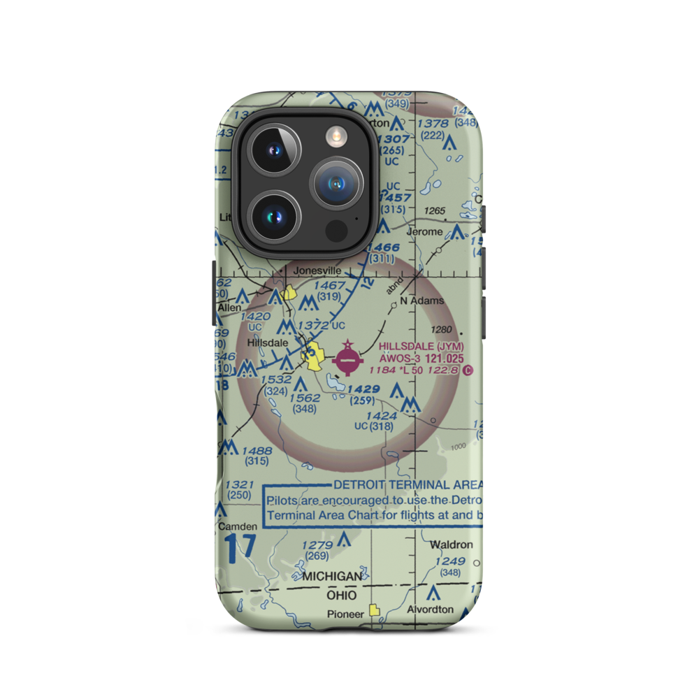 Hillsdale Municipal Airport (JYM) VFR Sectional  Tough iPhone Case iPhone 16 Pro model shown