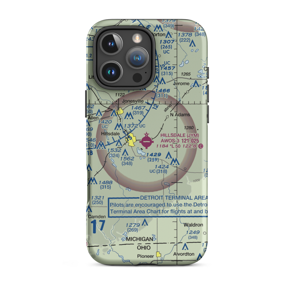 Hillsdale Municipal Airport (JYM) VFR Sectional  Tough iPhone Case iPhone 16 Pro Max model shown