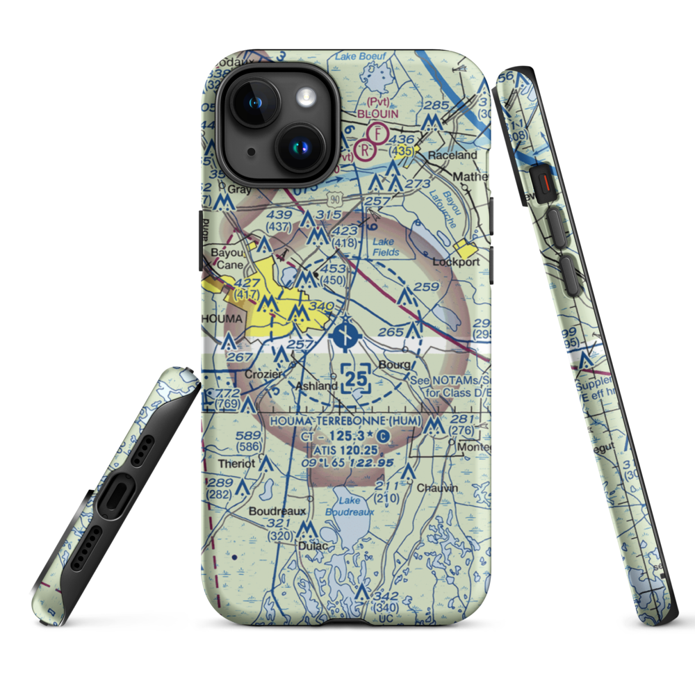 Houma Terrebonne Airport (HUM) VFR Sectional  Tough iPhone Case iPhone 15 Plus model shown