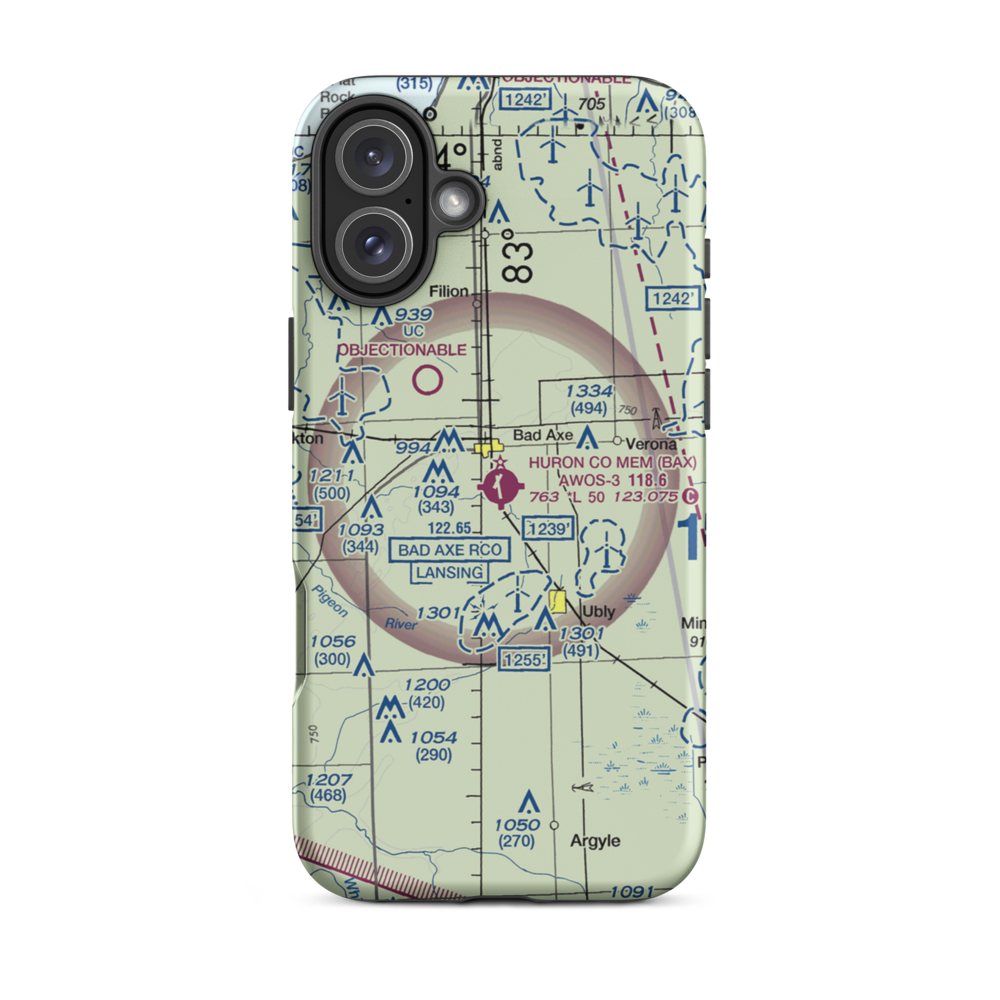 Huron County Memorial Airport (BAX) VFR Sectional  Tough iPhone Case iPhone 16 Plus model shown