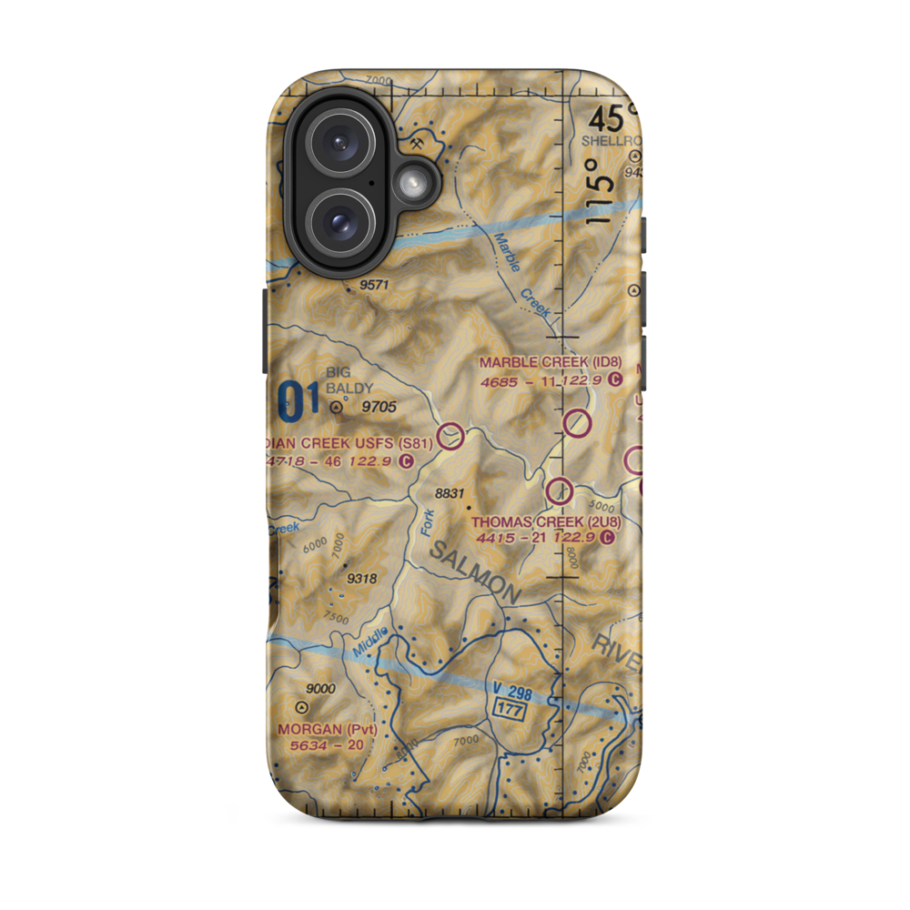 Indian Creek US Forest Service Airport (S81) VFR Sectional  Tough iPhone Case iPhone 16 Plus model shown