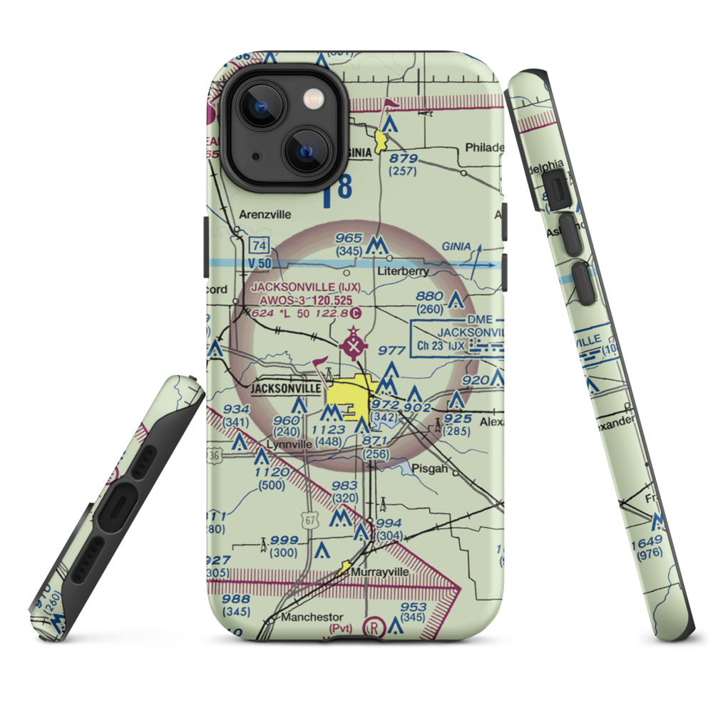 Jacksonville Municipal Airport (IJX) VFR Sectional  Tough iPhone Case iPhone 14 Plus model shown