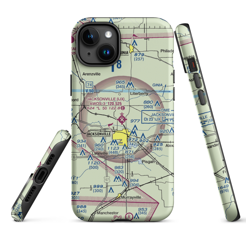 Jacksonville Municipal Airport (IJX) VFR Sectional  Tough iPhone Case iPhone 15 Plus model shown