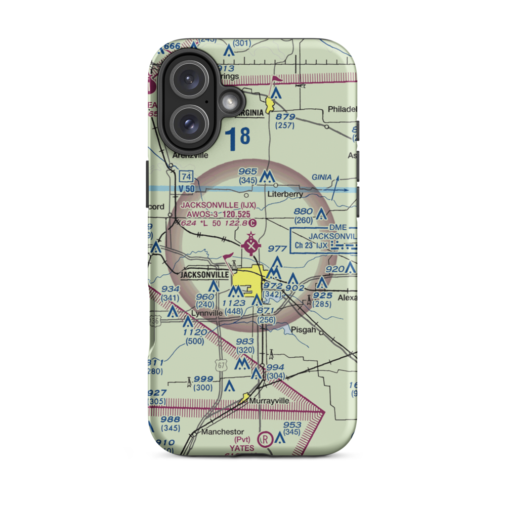 Jacksonville Municipal Airport (IJX) VFR Sectional  Tough iPhone Case iPhone 16 Plus model shown