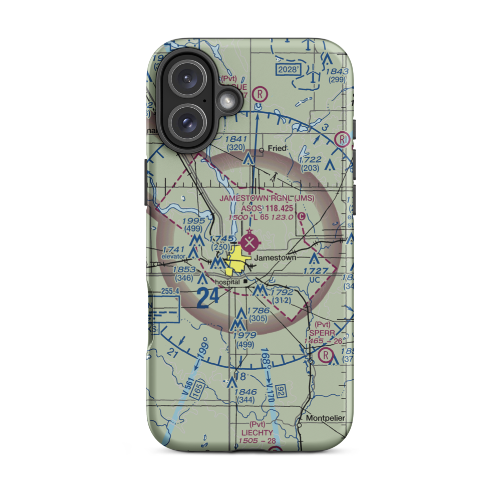 Jamestown Regional Airport (JMS) VFR Sectional  Tough iPhone Case iPhone 16 Plus model shown