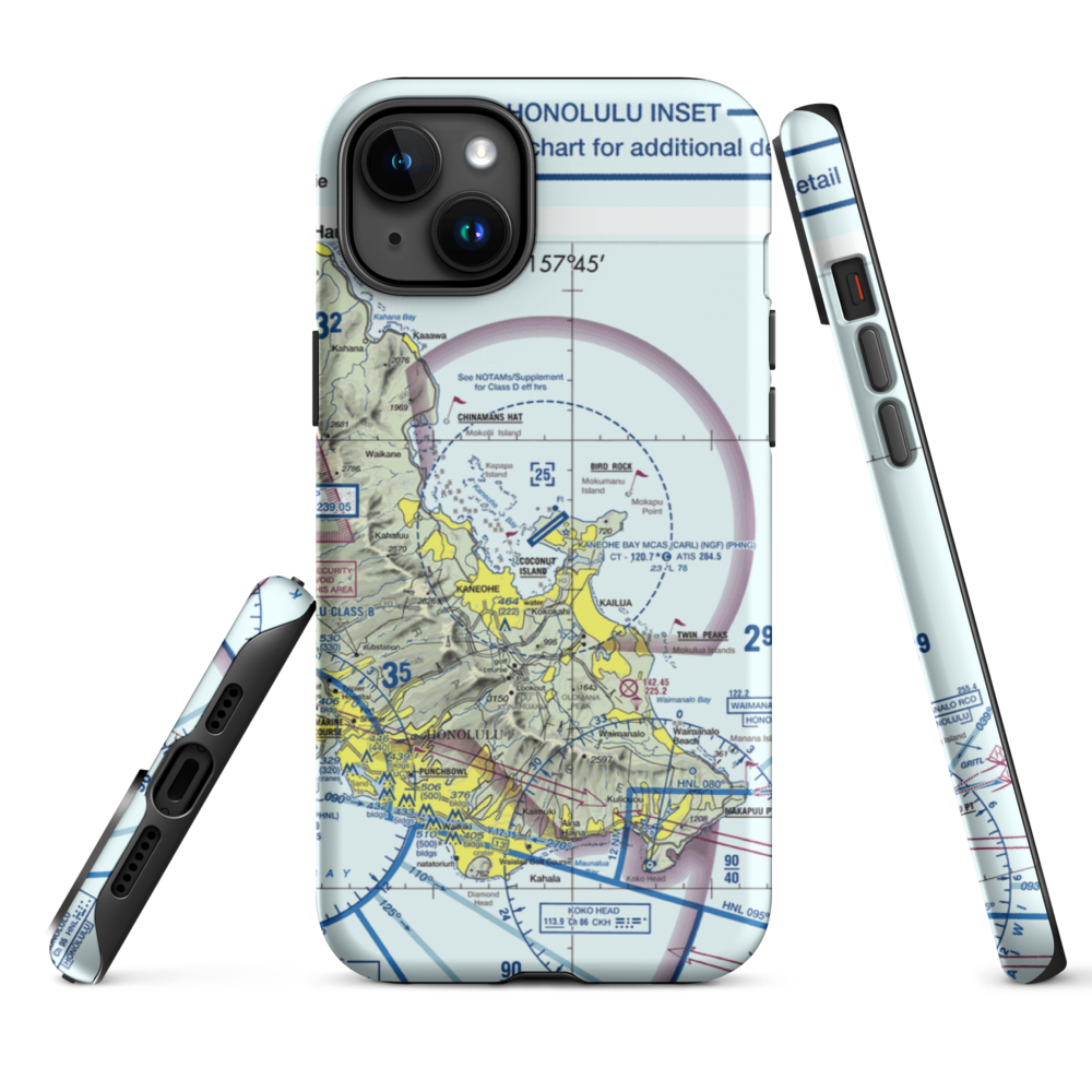 Kaneohe Bay MCAS (Marion E. Carl Field) Airport (NGF) VFR Sectional  Tough iPhone Case iPhone 15 Plus model shown