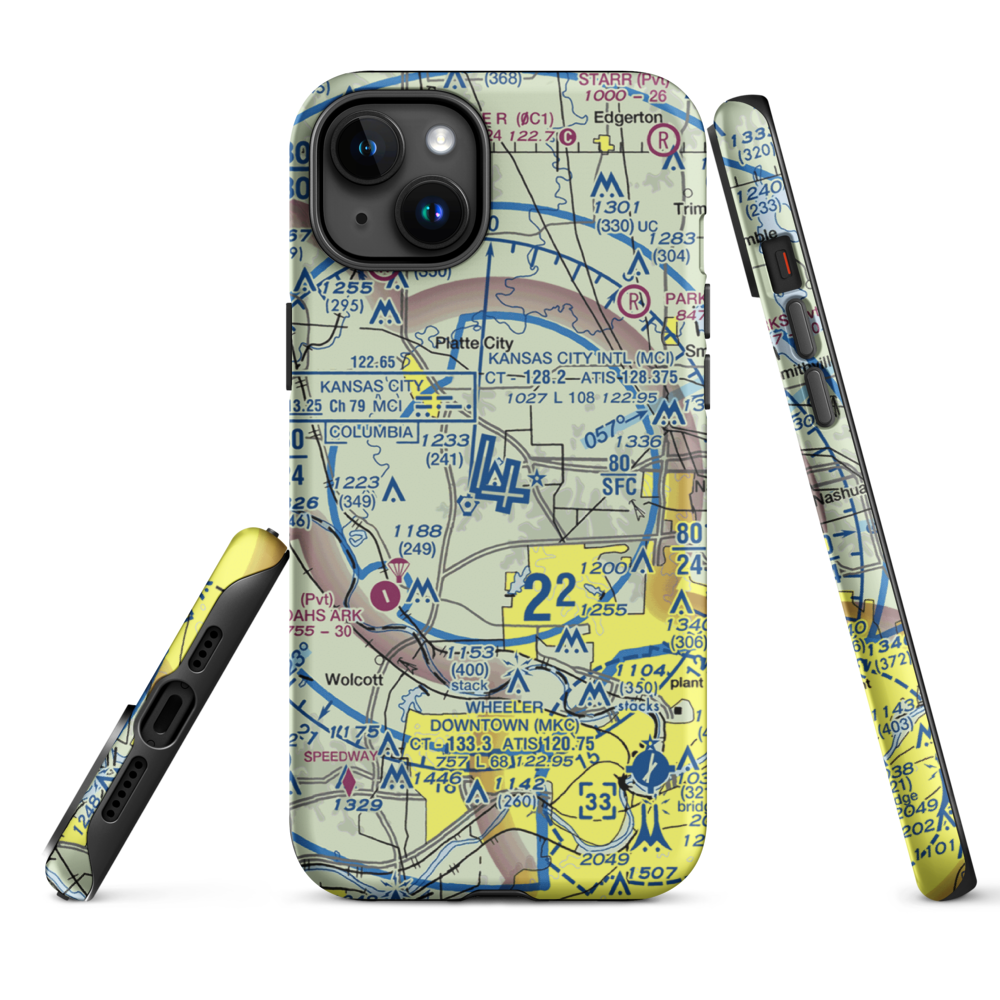 Kansas City International Airport (MCI) VFR Sectional  Tough iPhone Case iPhone 15 Plus model shown