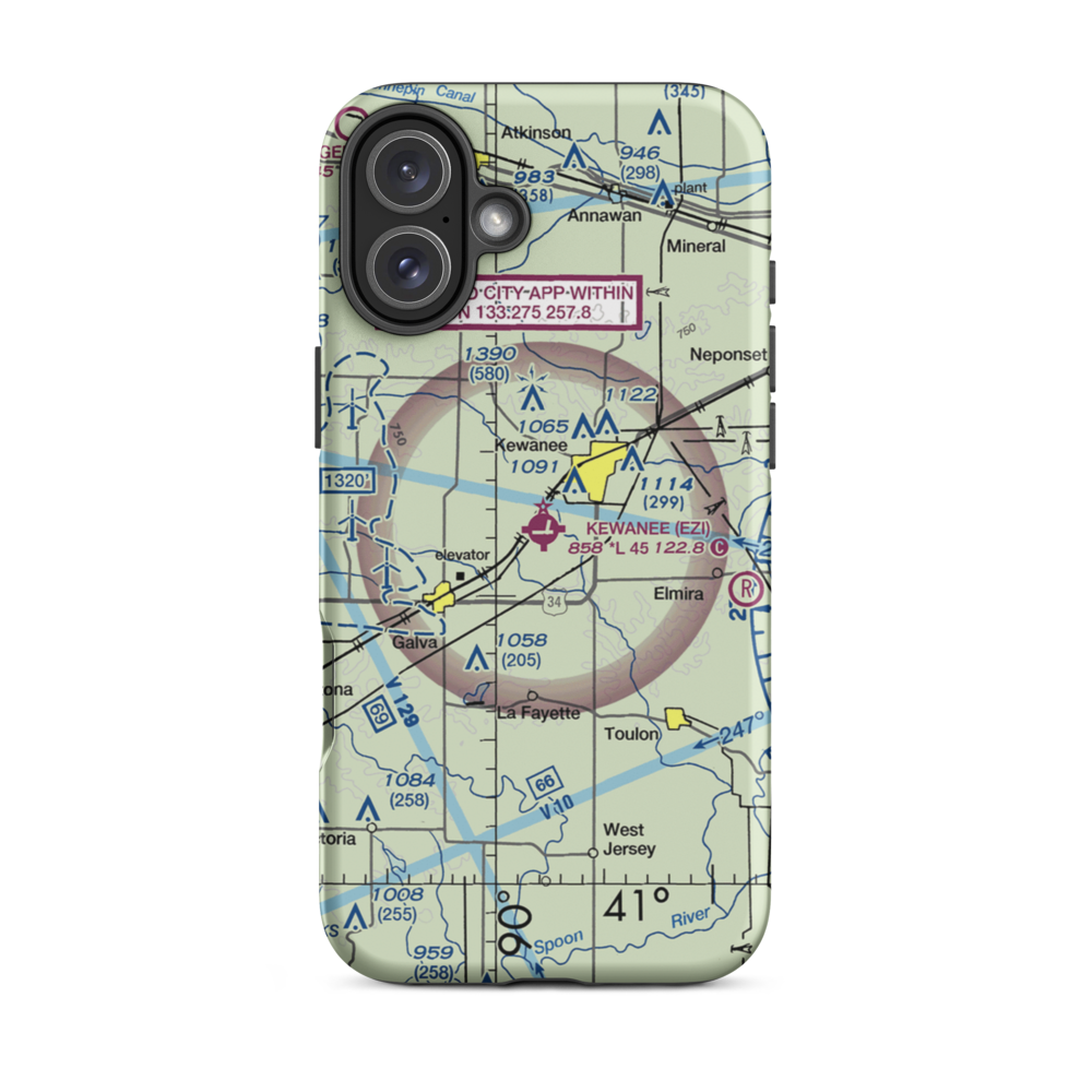 Kewanee Municipal Airport (EZI) VFR Sectional  Tough iPhone Case iPhone 16 Plus model shown