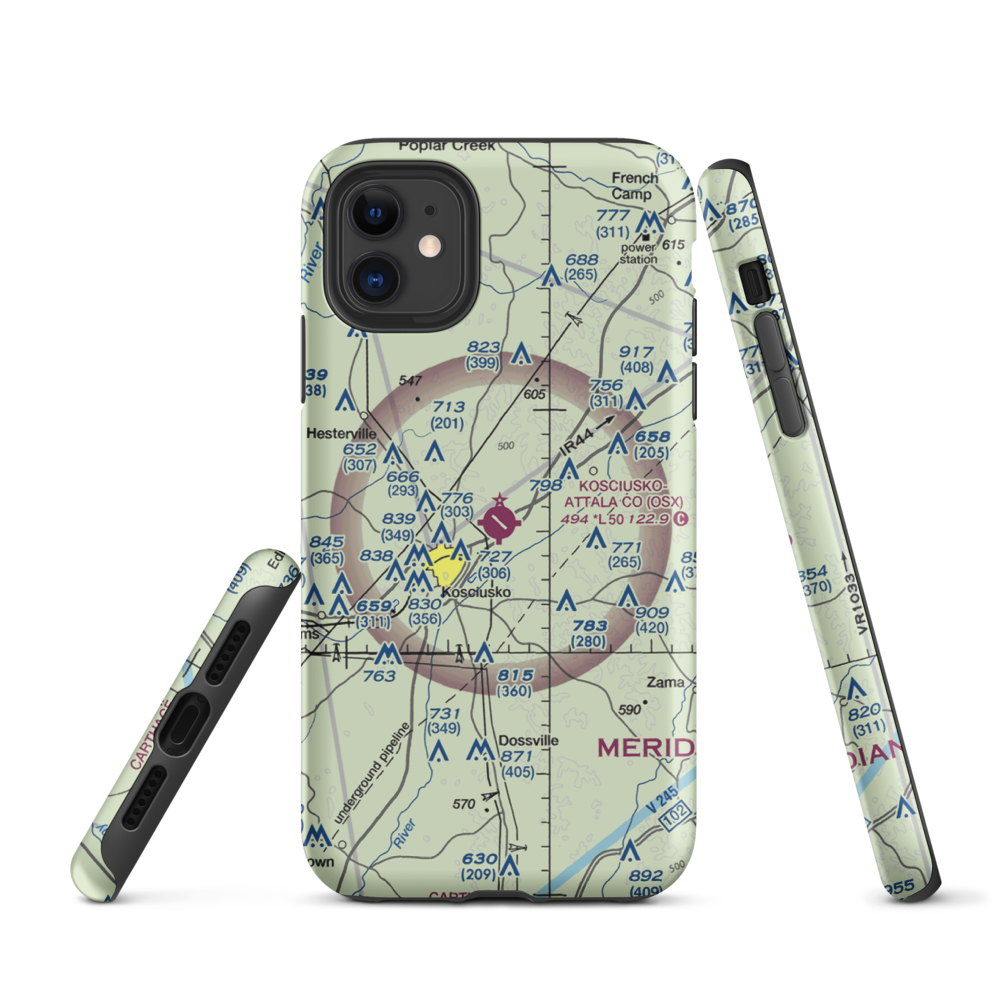 Kosciusko Attala County Airport (OSX) VFR Sectional  Tough iPhone Case iPhone 11 model shown