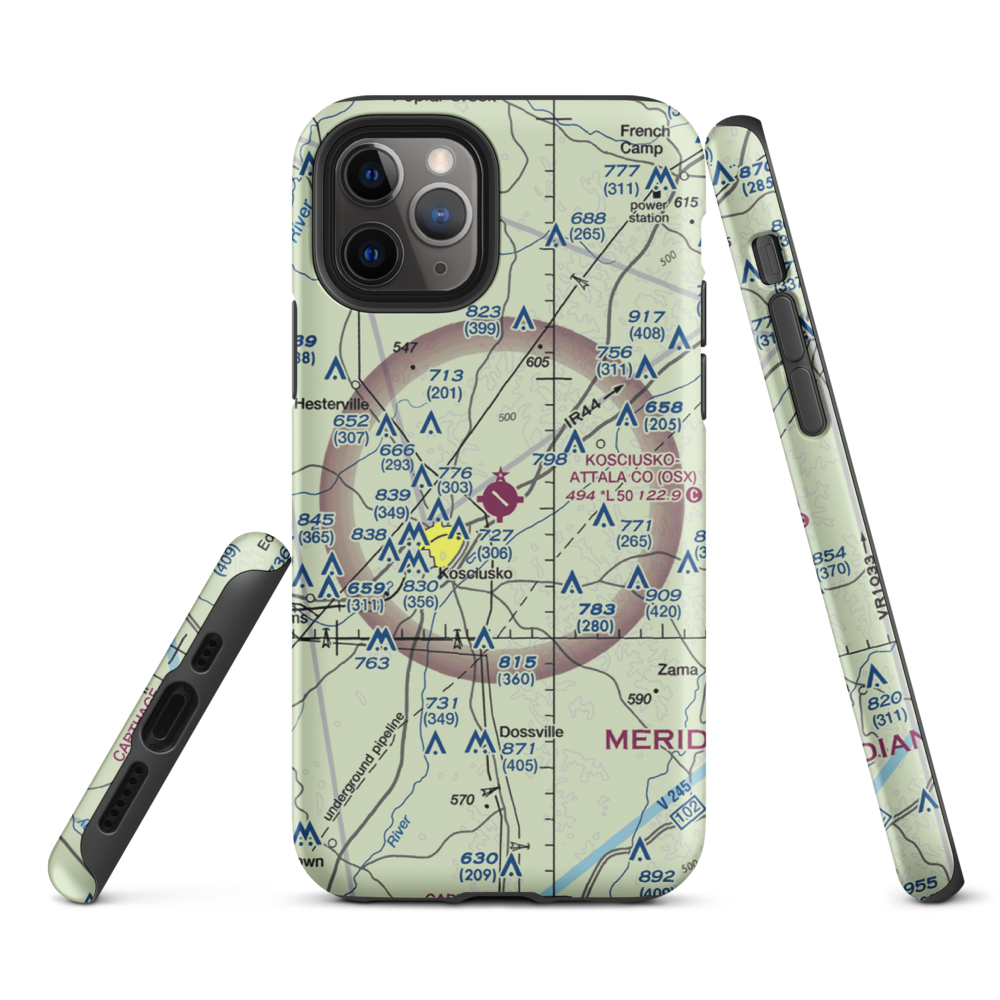 Kosciusko Attala County Airport (OSX) VFR Sectional  Tough iPhone Case iPhone 11 Pro model shown