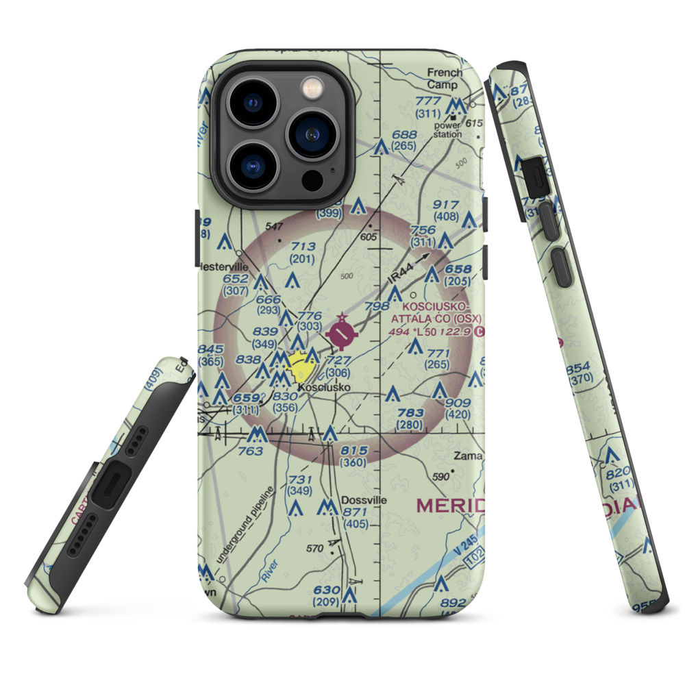 Kosciusko Attala County Airport (OSX) VFR Sectional  Tough iPhone Case iPhone 13 Pro Max model shown
