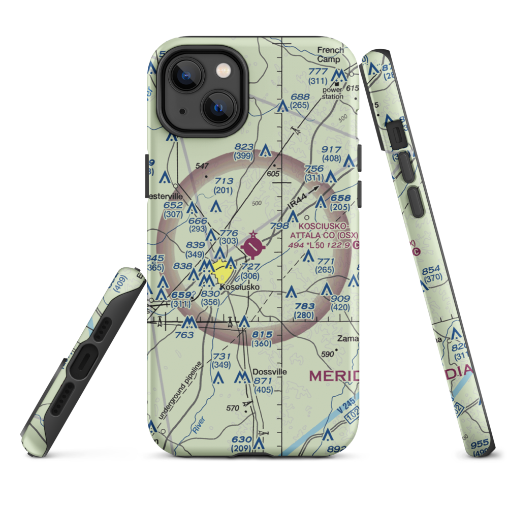 Kosciusko Attala County Airport (OSX) VFR Sectional  Tough iPhone Case iPhone 14 Plus model shown