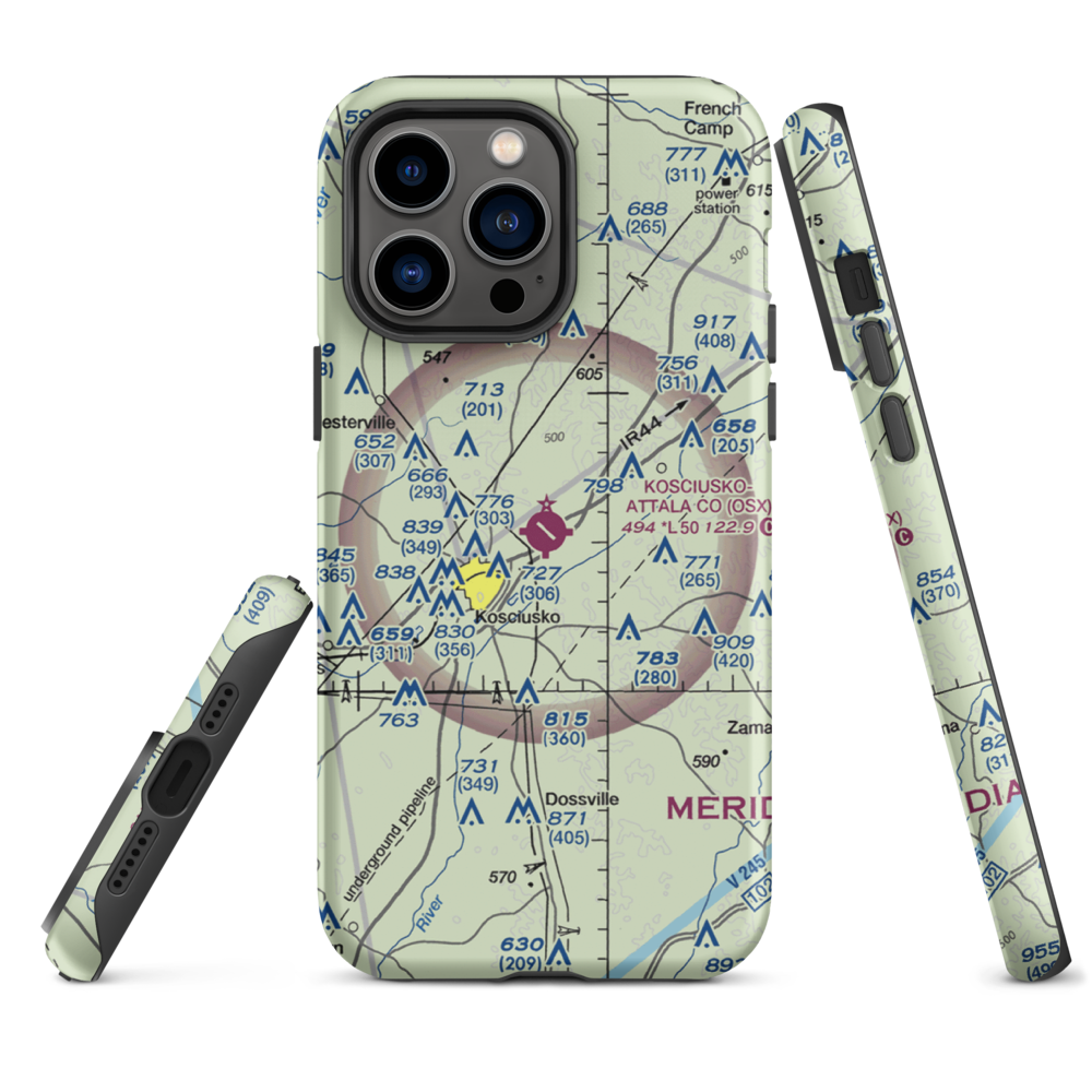 Kosciusko Attala County Airport (OSX) VFR Sectional  Tough iPhone Case iPhone 14 Pro Max model shown