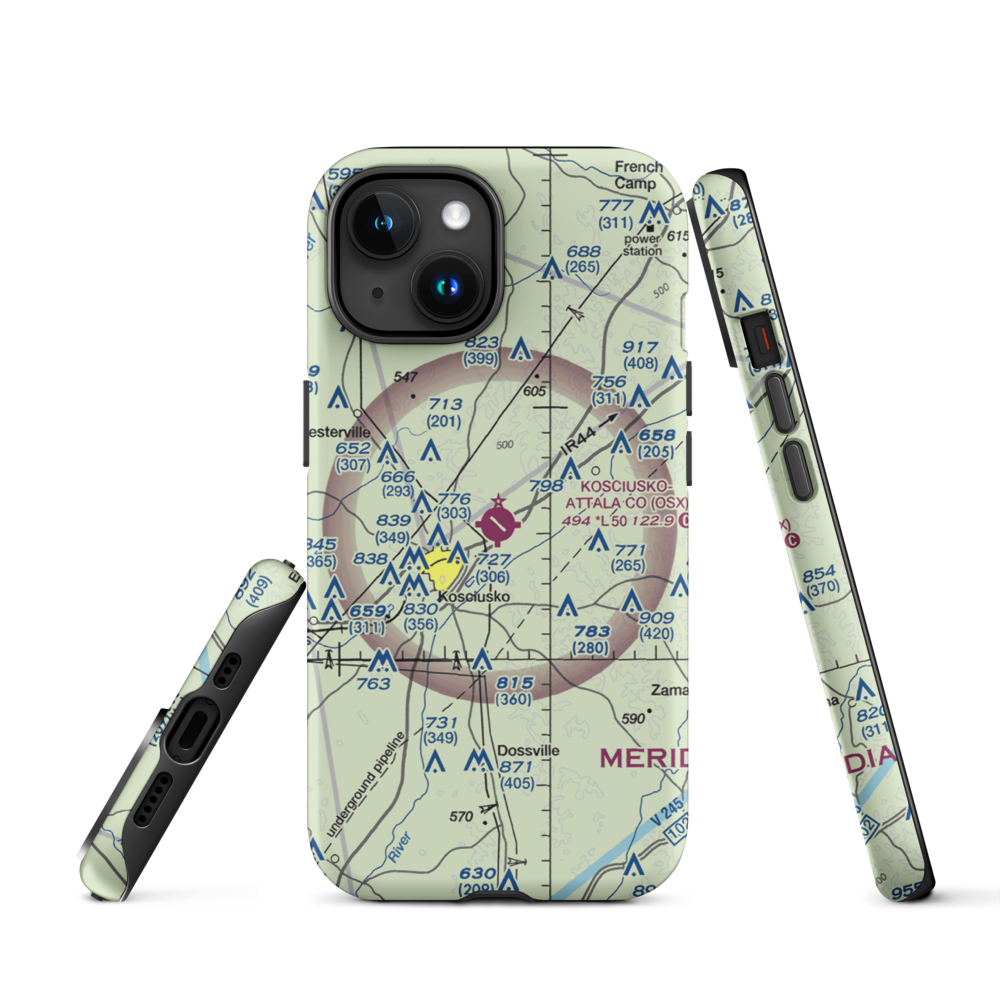Kosciusko Attala County Airport (OSX) VFR Sectional  Tough iPhone Case iPhone 15 model shown