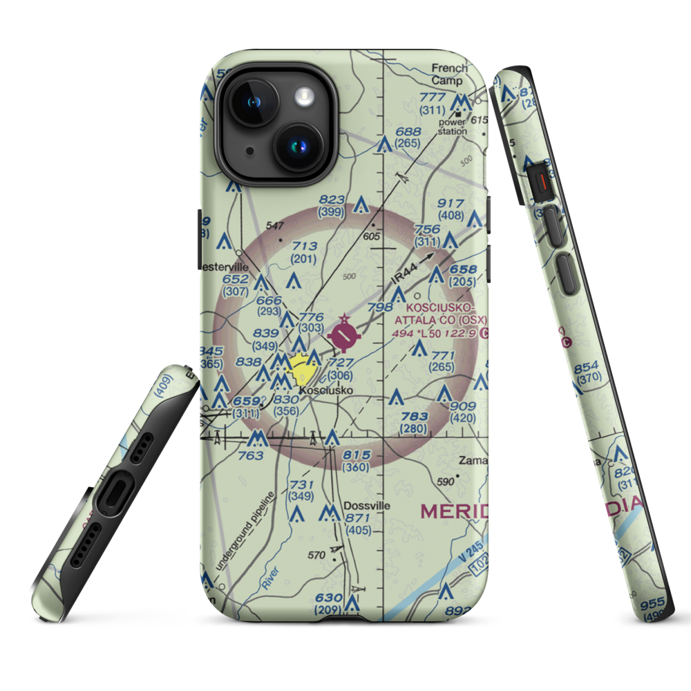Kosciusko Attala County Airport (OSX) VFR Sectional  Tough iPhone Case iPhone 15 Plus model shown