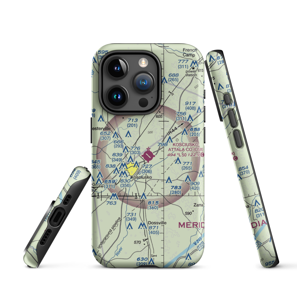 Kosciusko Attala County Airport (OSX) VFR Sectional  Tough iPhone Case iPhone 15 Pro model shown