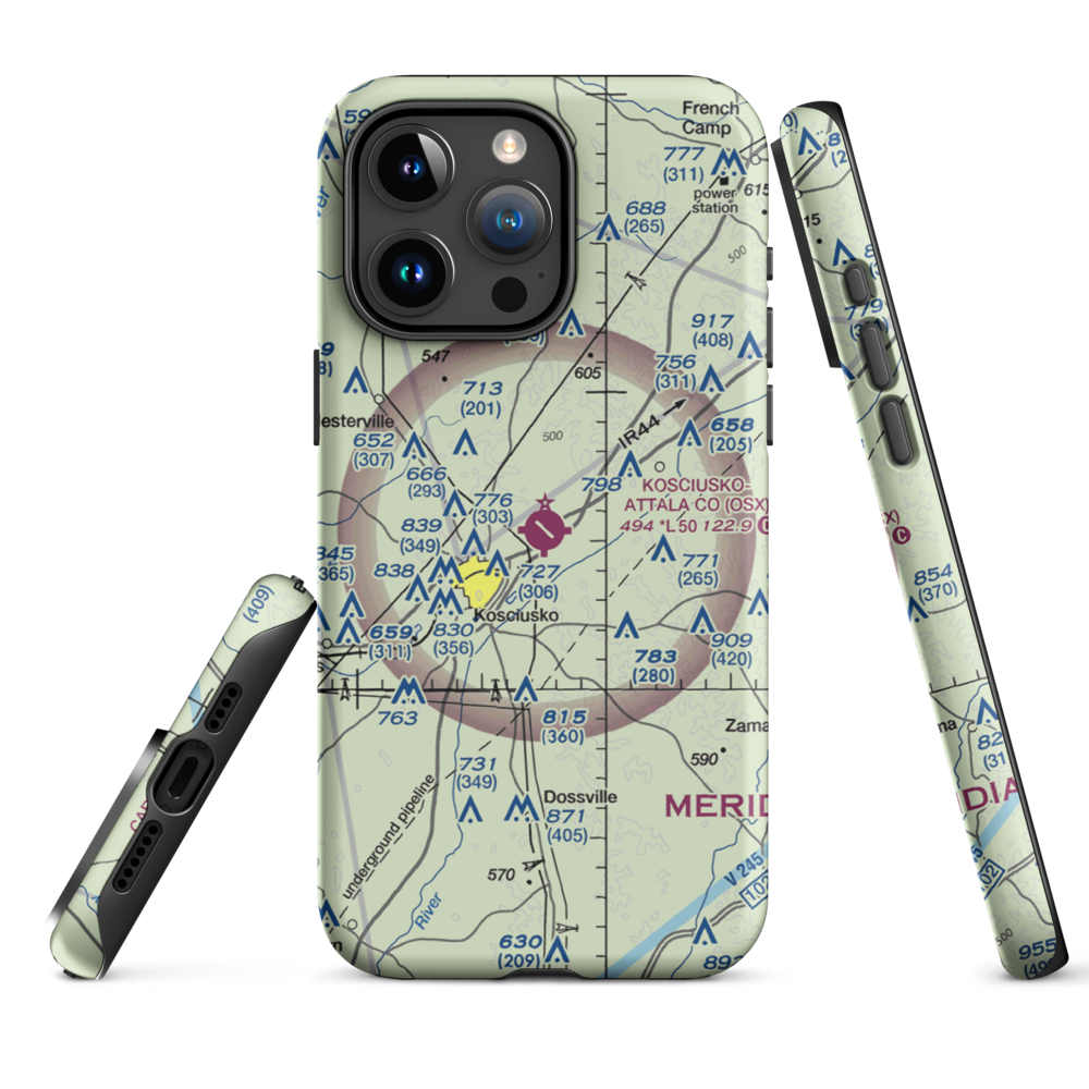 Kosciusko Attala County Airport (OSX) VFR Sectional  Tough iPhone Case iPhone 15 Pro Max model shown