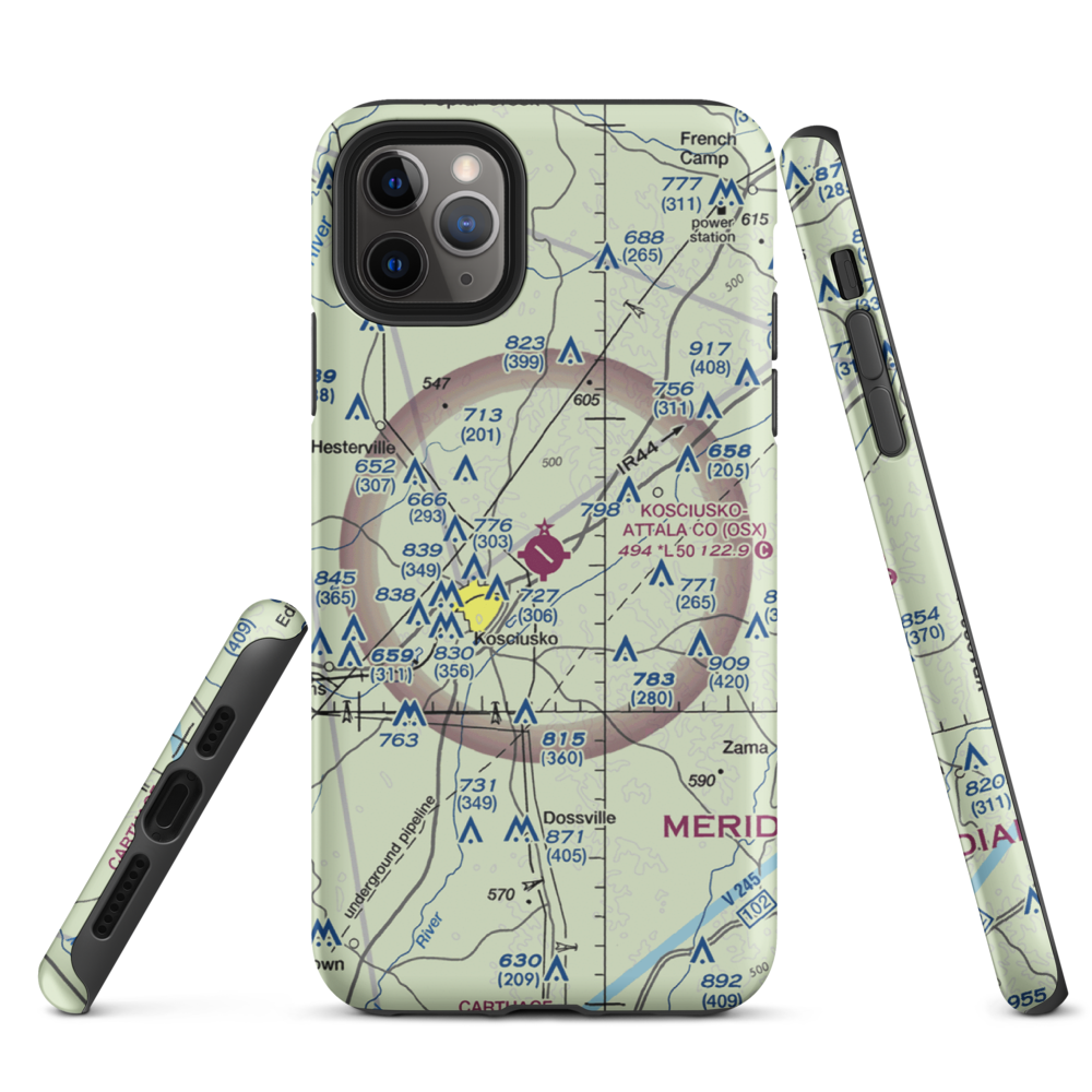 Kosciusko Attala County Airport (OSX) VFR Sectional  Tough iPhone Case iPhone 11 Pro Max model shown