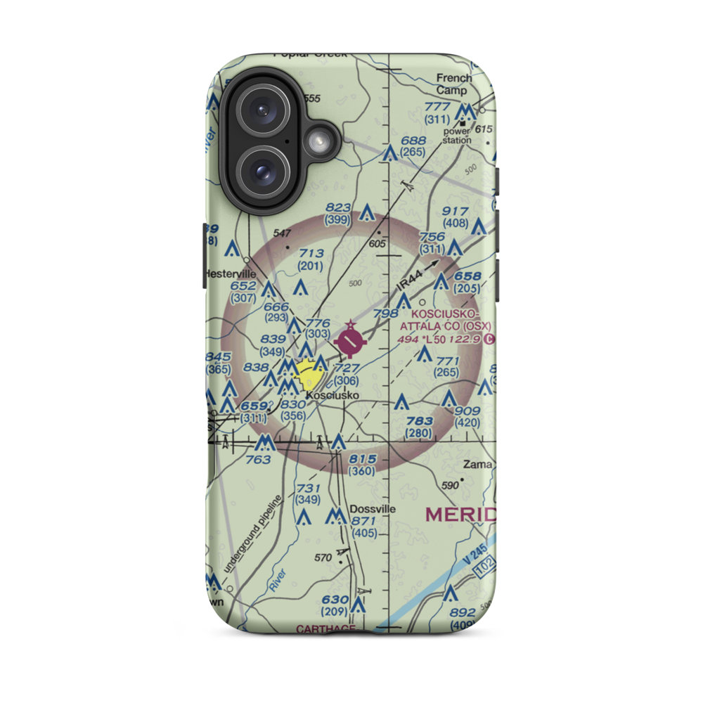 Kosciusko Attala County Airport (OSX) VFR Sectional  Tough iPhone Case iPhone 16 Plus model shown