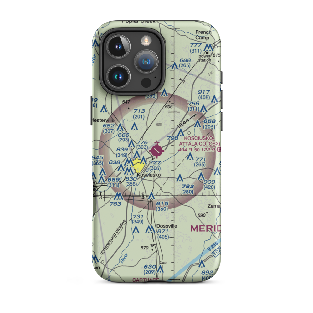 Kosciusko Attala County Airport (OSX) VFR Sectional  Tough iPhone Case iPhone 16 Pro Max model shown
