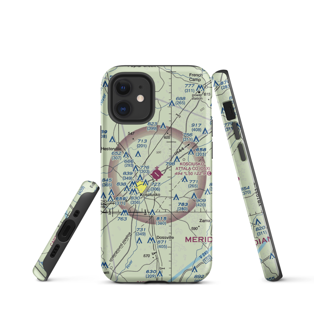 Kosciusko Attala County Airport (OSX) VFR Sectional  Tough iPhone Case iPhone 12 mini model shown