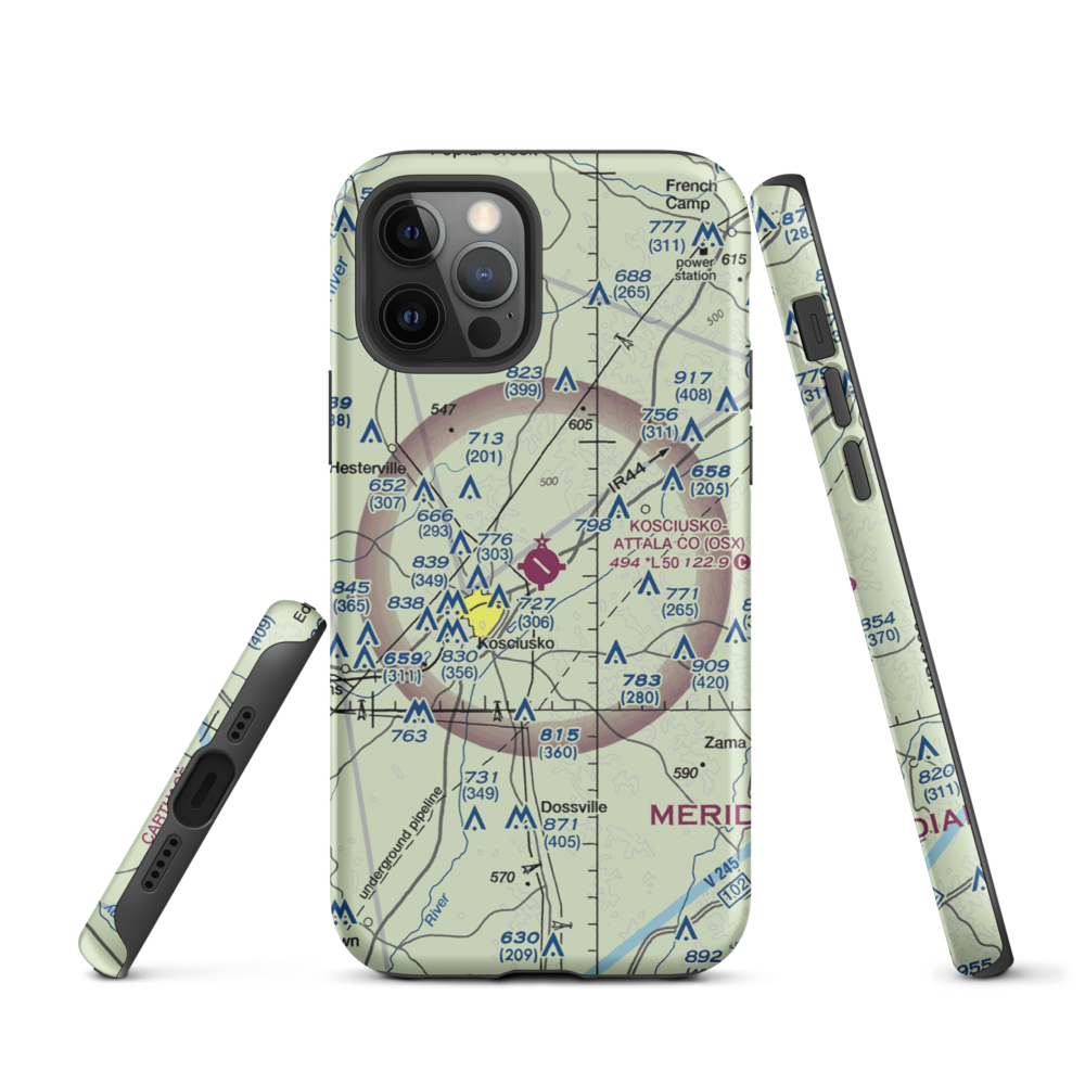Kosciusko Attala County Airport (OSX) VFR Sectional  Tough iPhone Case iPhone 12 Pro model shown