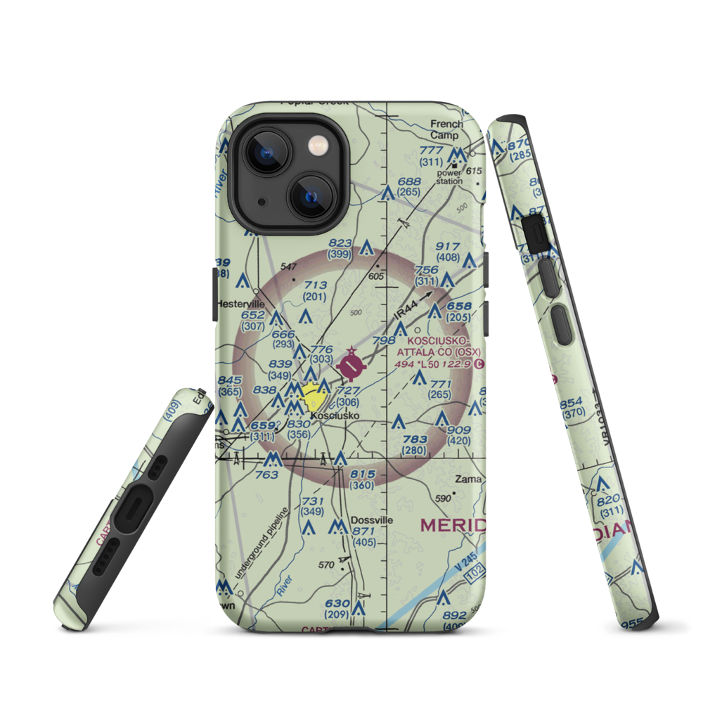 Kosciusko Attala County Airport (OSX) VFR Sectional  Tough iPhone Case iPhone 13 model shown