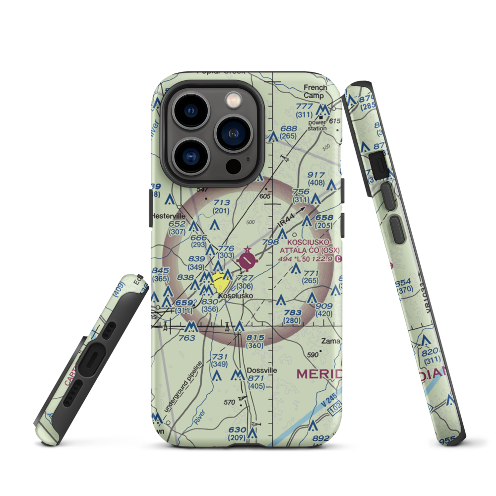 Kosciusko Attala County Airport (OSX) VFR Sectional  Tough iPhone Case iPhone 13 Pro model shown