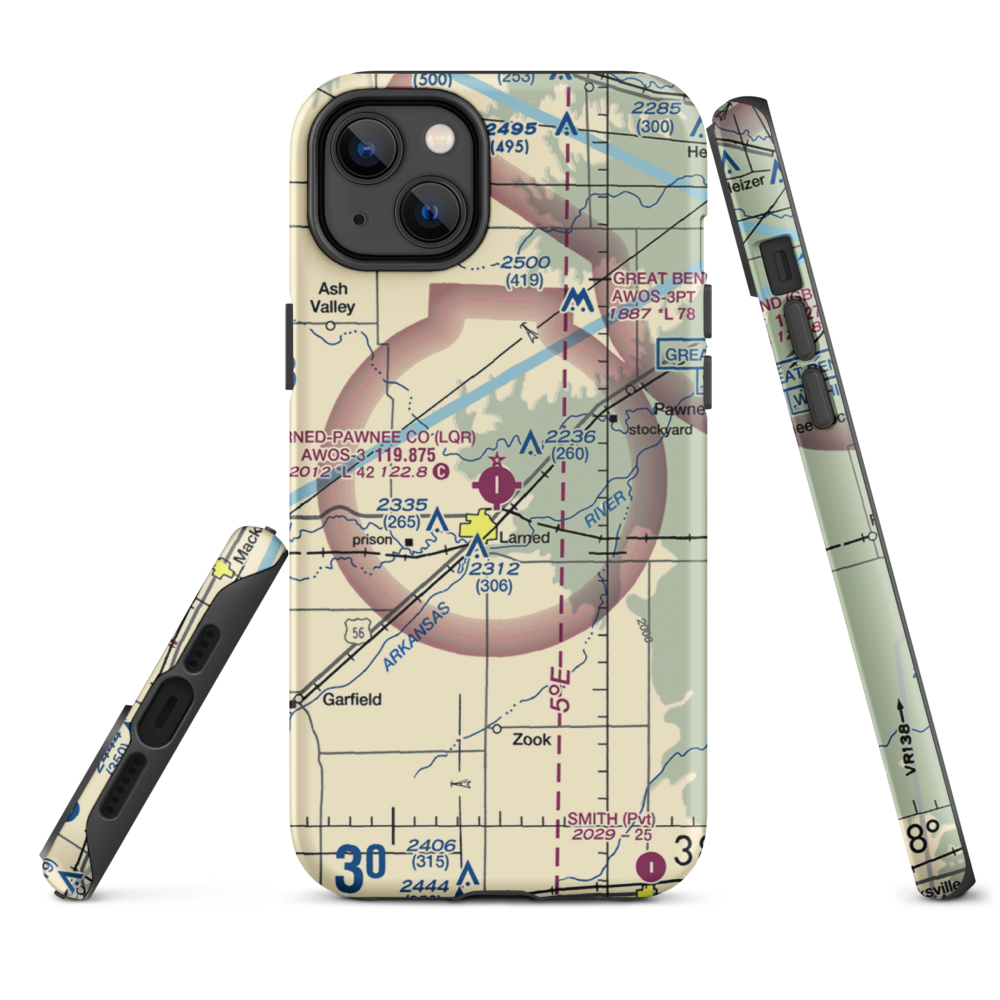 Larned Pawnee County Airport (LQR) VFR Sectional  Tough iPhone Case iPhone 14 Plus model shown